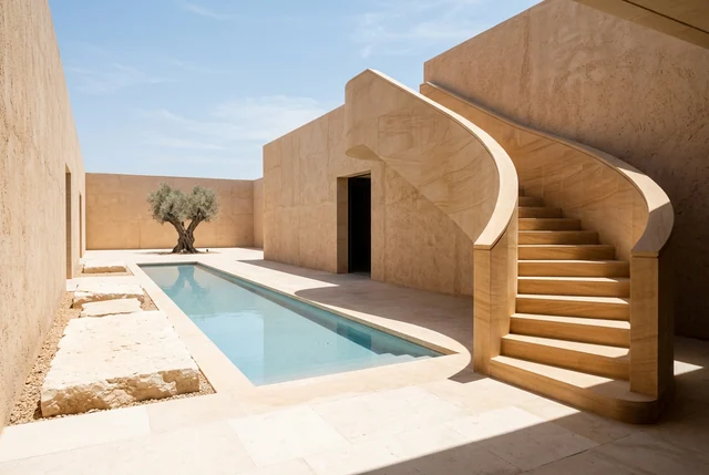 Architectural space: Quiet courtyard and curved staircase