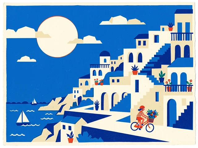 2D illustration: Cyclist in an imagined coastal town