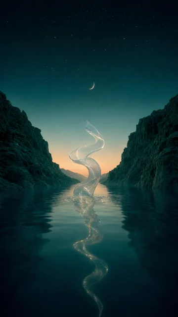 Vertical pearl ribbon poster recomposed with sky and a long reflection