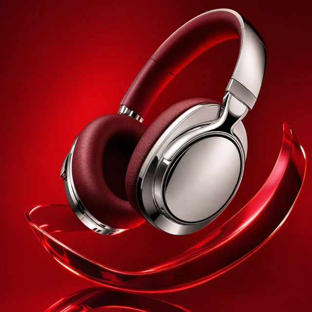 Product campaign: Sculptural silver over-ear headphones