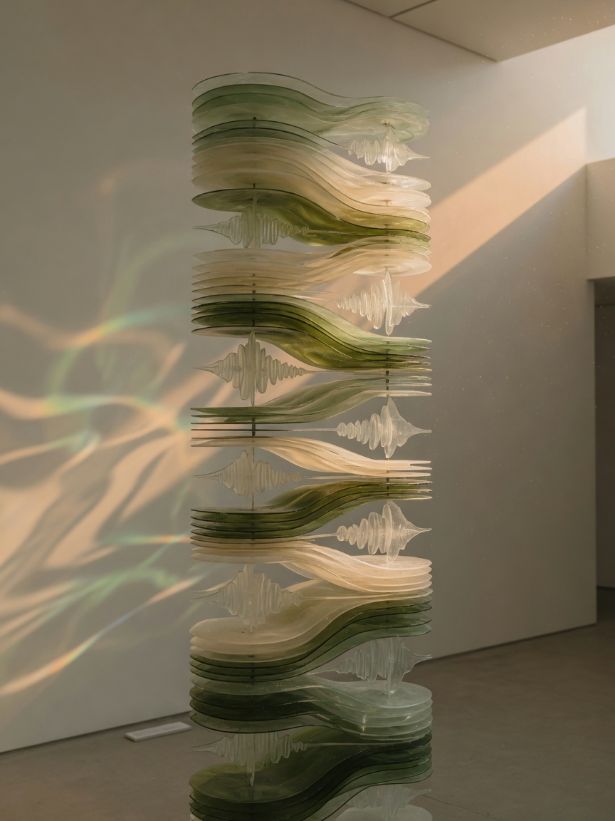 Layered glass sound-wave sculpture catching warm gallery light