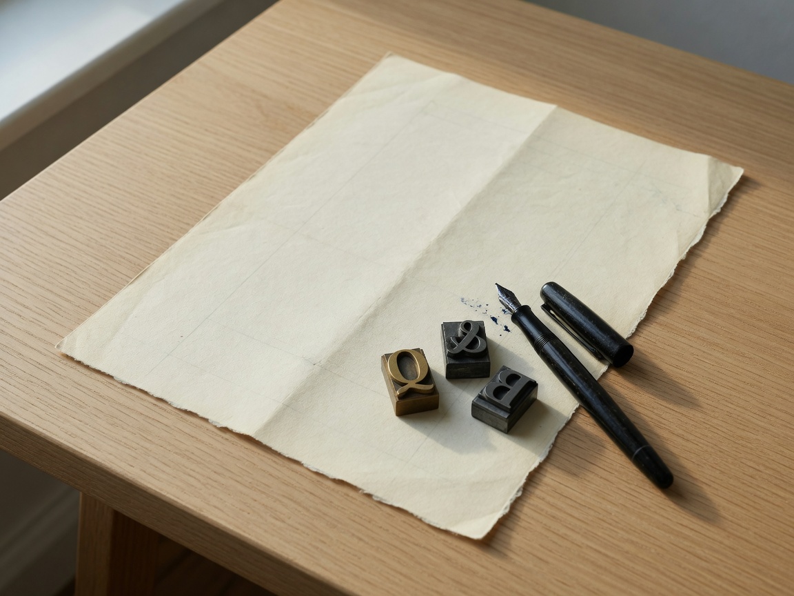 Ivory writing paper, letterpress type, and a fountain pen on a desk