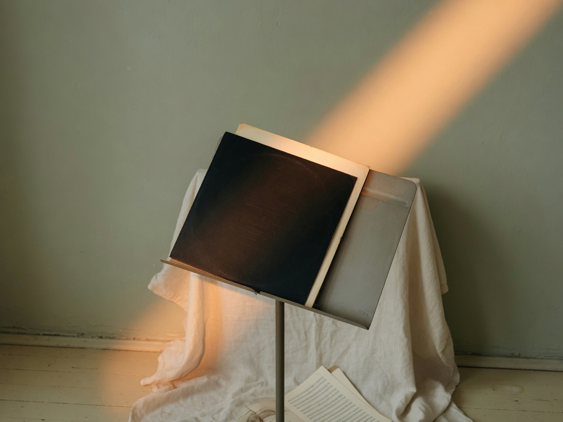 Vinyl sleeve on a music stand in a ribbon of stage light