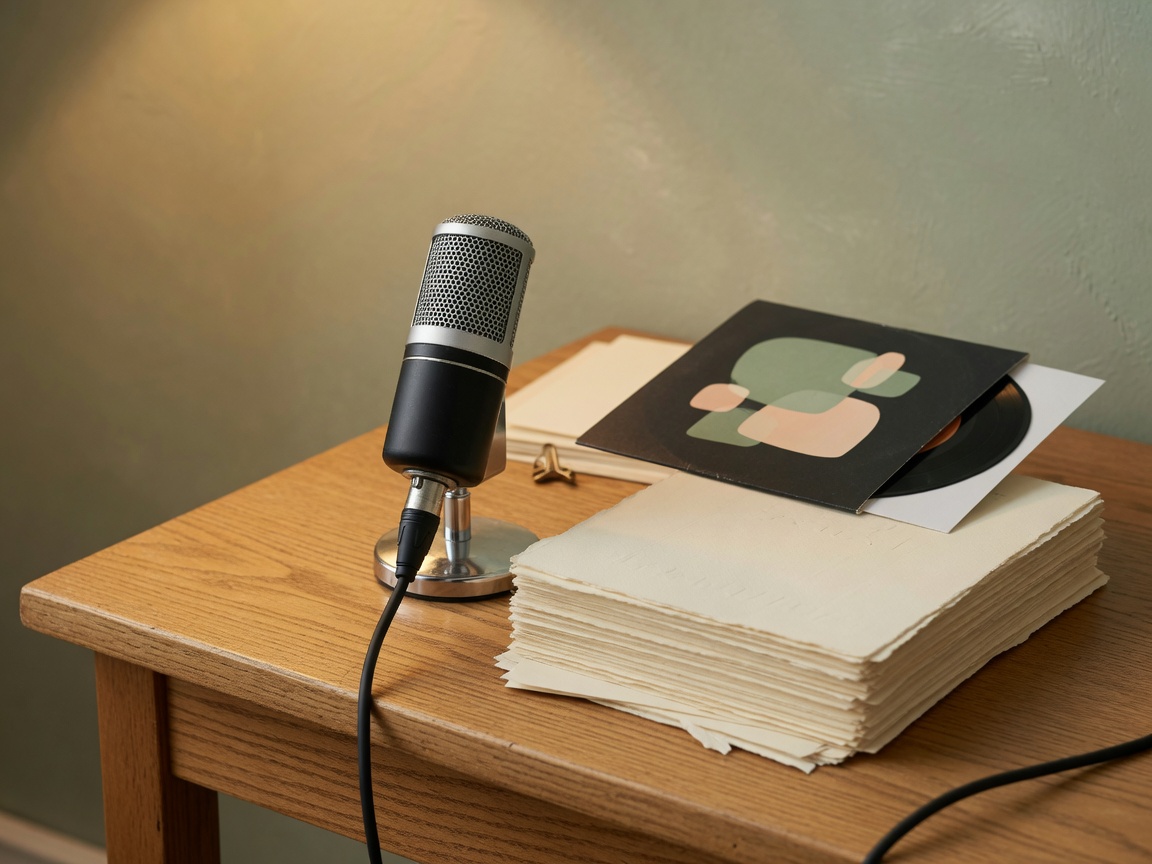 Studio microphone beside paper and a small vinyl sleeve